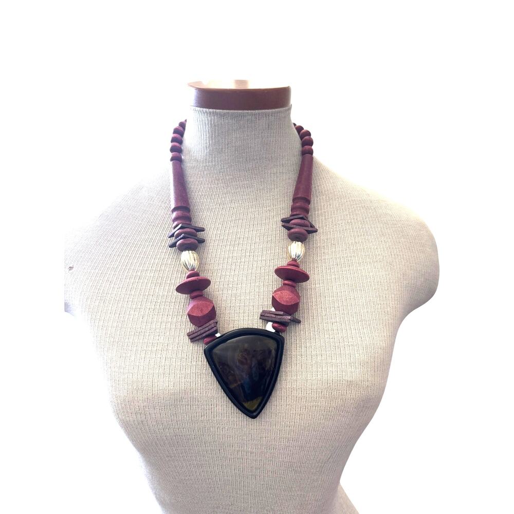 Large handcrafted vintage wooden beaded statement necklace